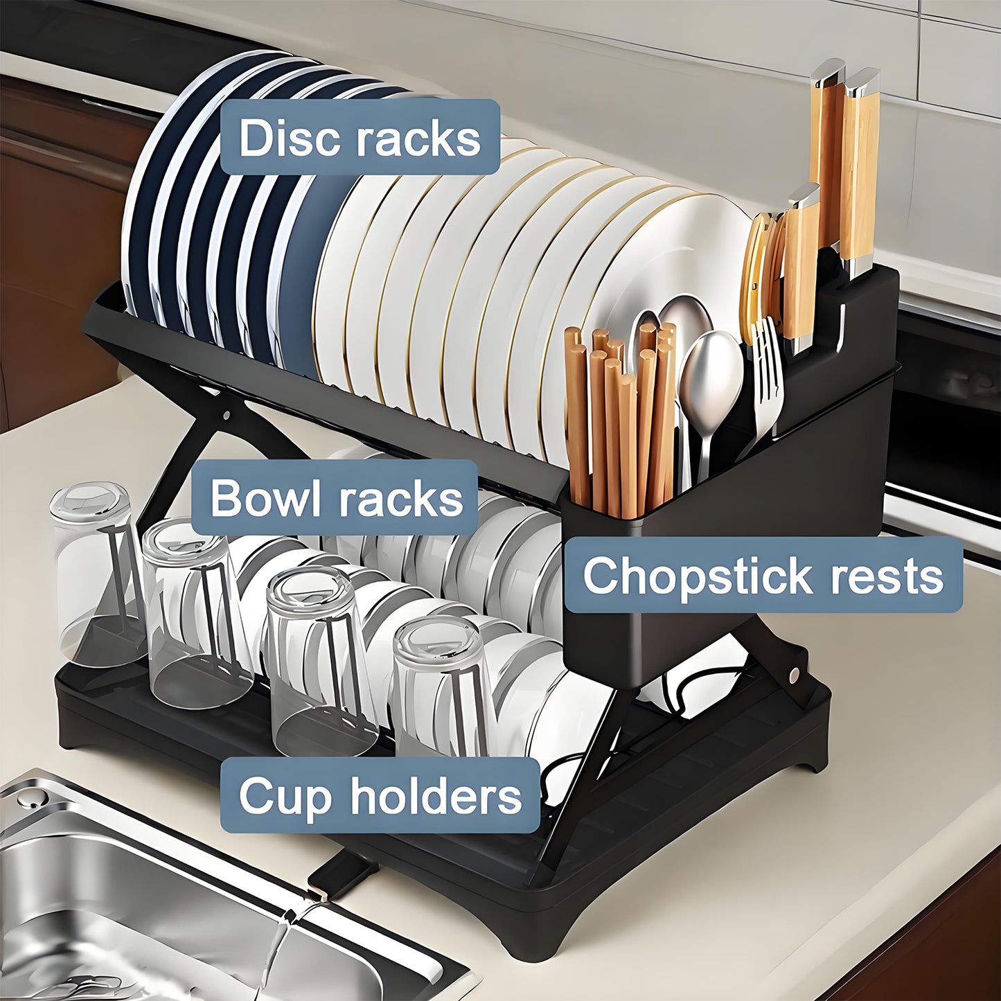 KRKZ 2-Tier X-Shape Dish Rack - Foldable Space-Saving Drainer for Dishes, Cups & Bowls (Black 16.5x11.8x12.2in)