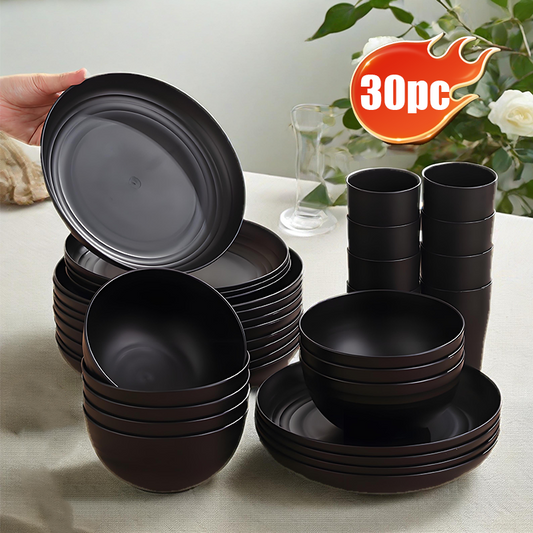 KRKZ 30-Piece Dinnerware Set, Service for 6, Unbreakable Plates, Bowls & Cups, Eco-Friendly, Dishwasher Safe, Black