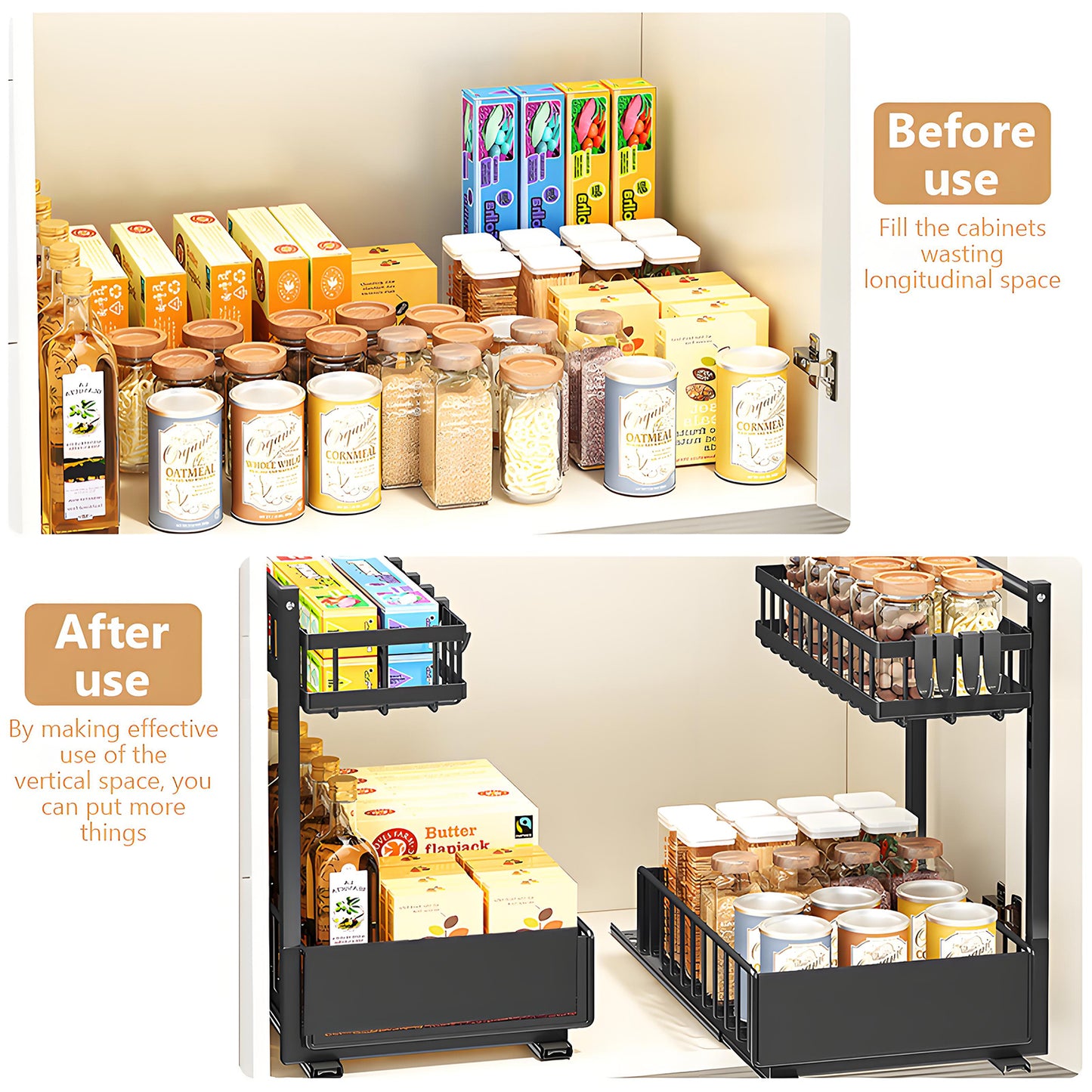 KRKZ Under-Sink Organizer - 2-Tier Slide-Out Metal Rack, Black 13.8"x10.2"x15.8"