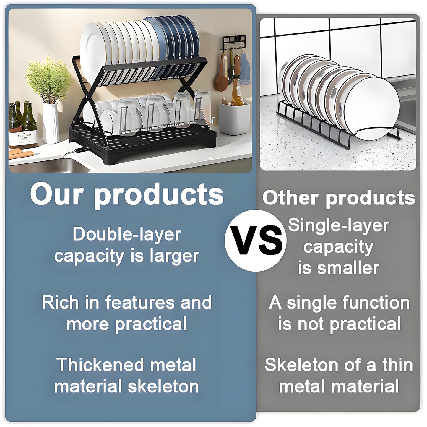 KRKZ 2-Tier X-Shape Dish Rack - Foldable Space-Saving Drainer for Dishes, Cups & Bowls (Black 16.5x11.8x12.2in)