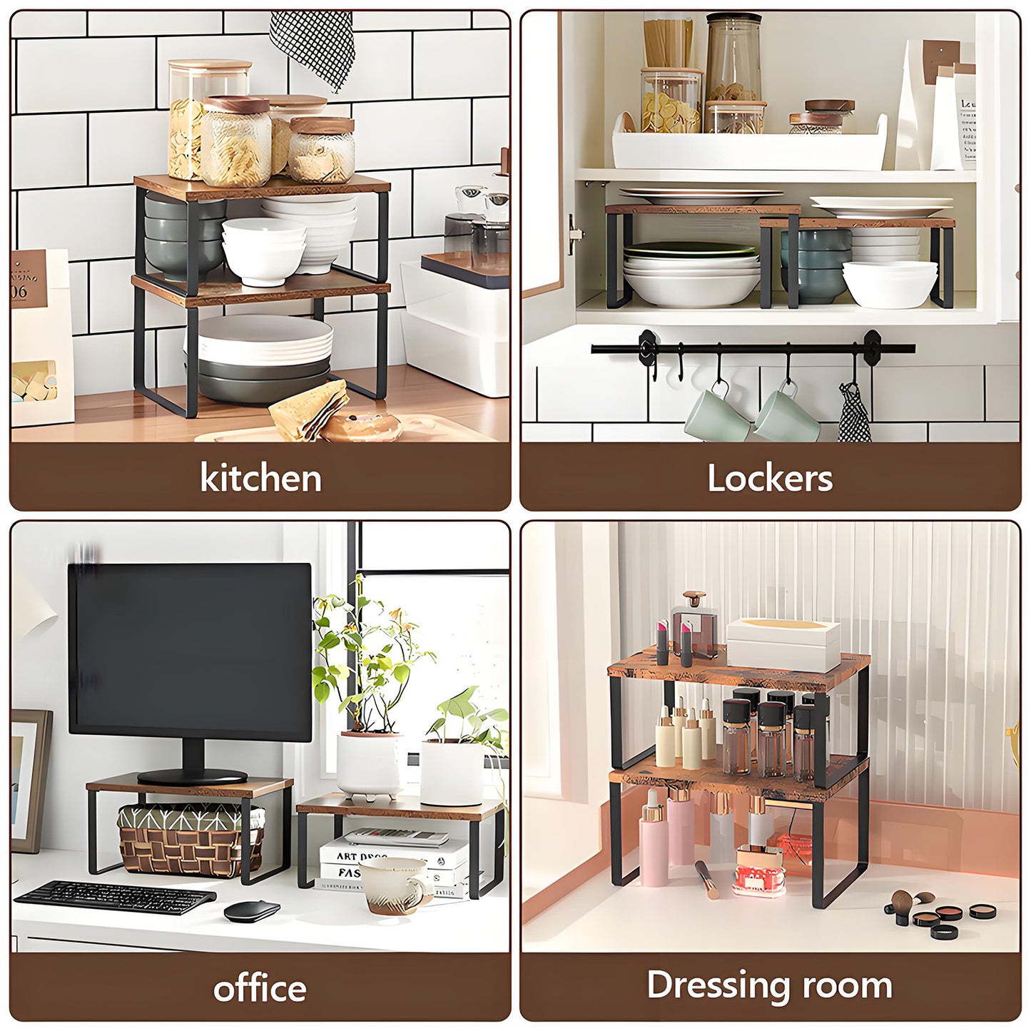 KRKZ Versatile Storage Solutions with Kitchen Counter Shelves in Ink Black and Rustic Brown, Set of 2 Stackable and Expandable Metal Organizers