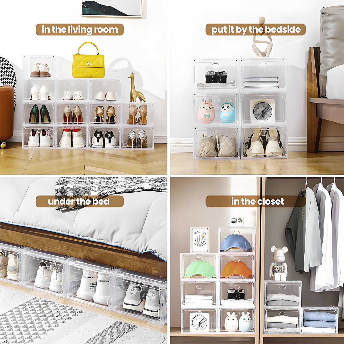 KRKZ 6-Count Clear Plastic Shoe Boxes - Stackable Shoe Organizers with Foldable & Dust-Proof Design,Clear/White Durable PP Plastic