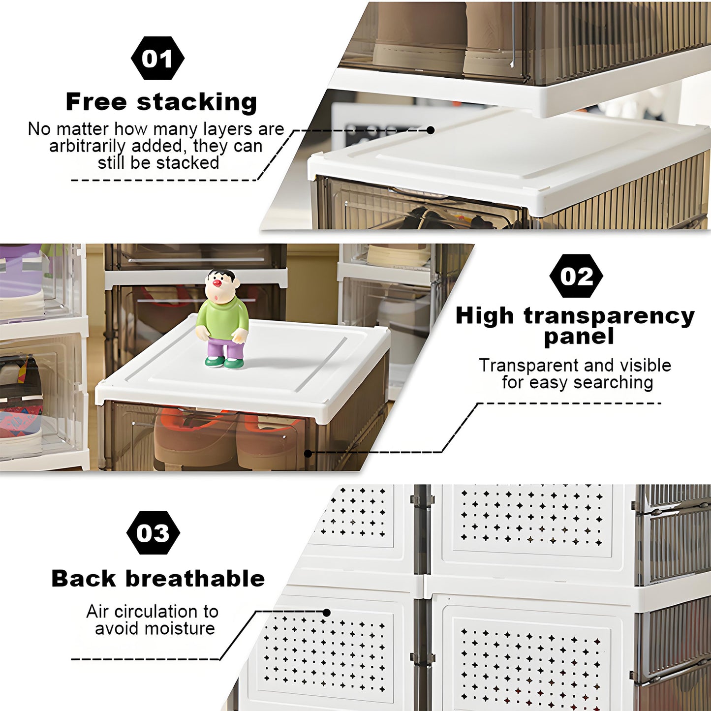 KRKZ 9-Tier Foldable Shoe Organizer - Clear Stackable Storage Boxes w/Dustproof Covers, Space-Saving for Closet/Bedroom/Dorm (Black 12.2"x10.2"x15.8")