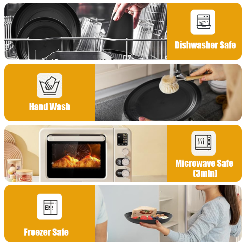 KRKZ 30-Piece Dinnerware Set, Service for 6, Unbreakable Plates, Bowls & Cups, Eco-Friendly, Dishwasher Safe, Black