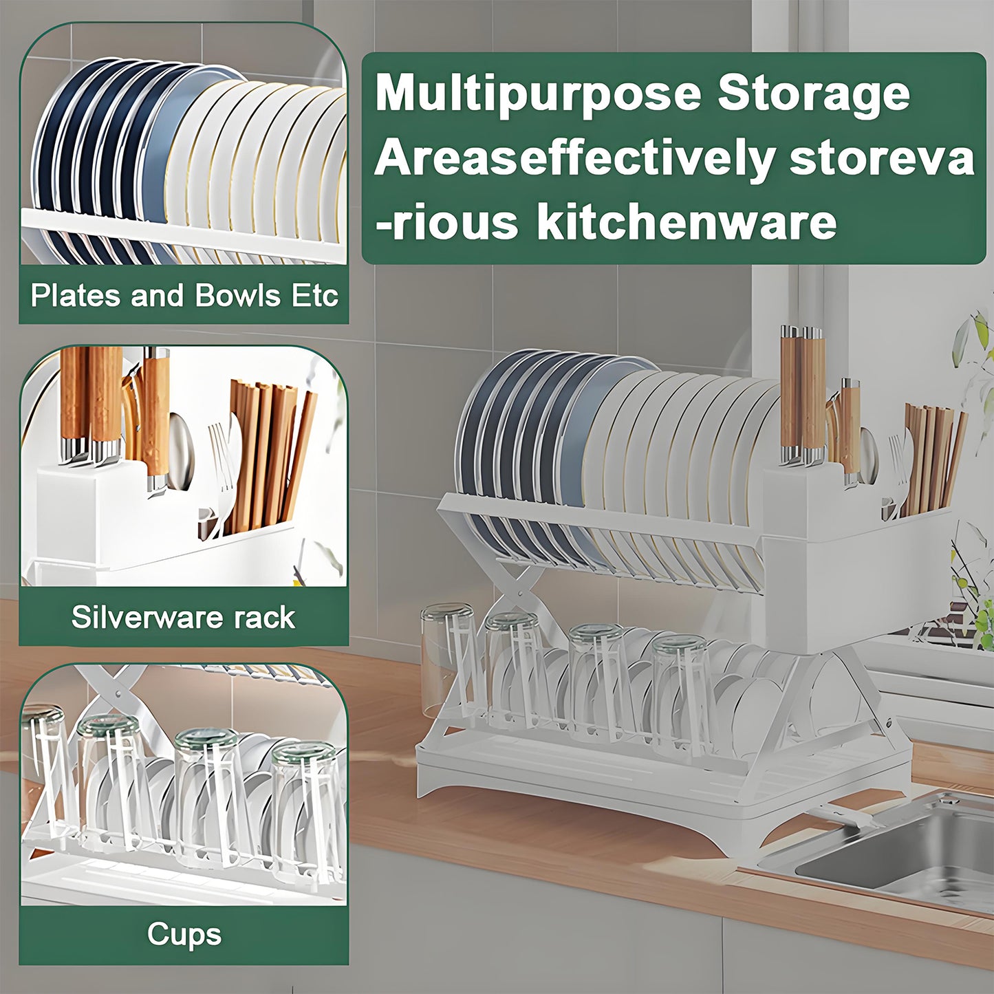 KRKZ Two-Layer Kitchen Countertop Dish Rack, Collapsible and Multi-Functional for Home Use, with Drainage and Storage for Bowls and Plates (White, 16.5" x 11.8" x 12.5")