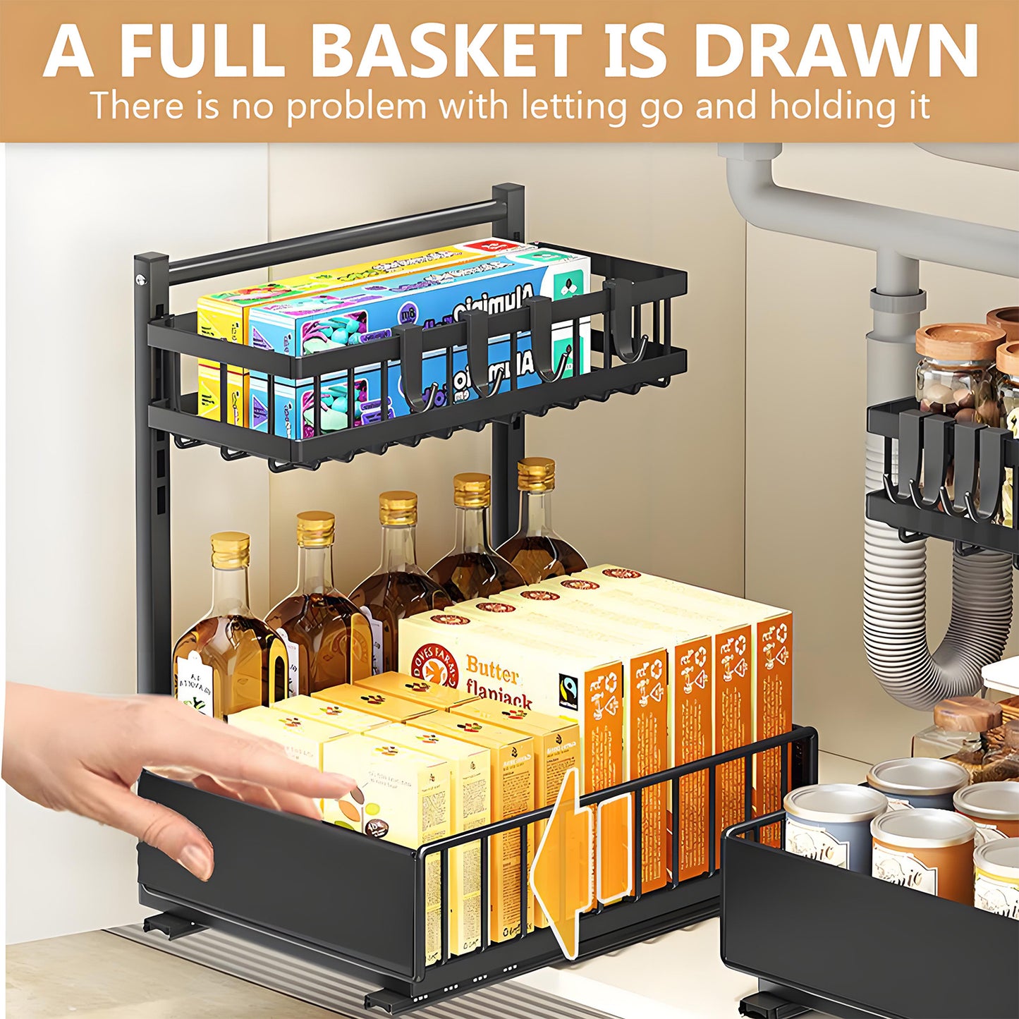 KRKZ Under-Sink Organizer - 2-Tier Slide-Out Metal Rack, Black 13.8"x10.2"x15.8"