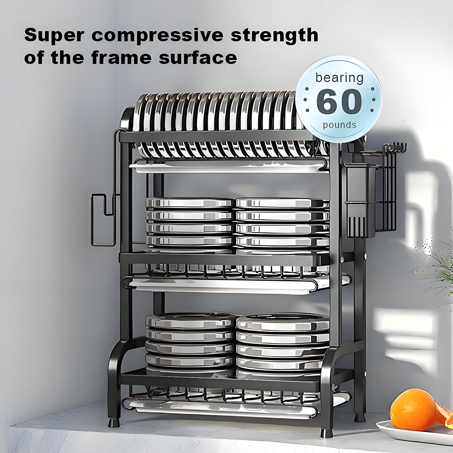 KRKZ 3-Tier Stainless Steel Dish Rack with Utensil Holder & Drain Tray, Space-Saving (Black)