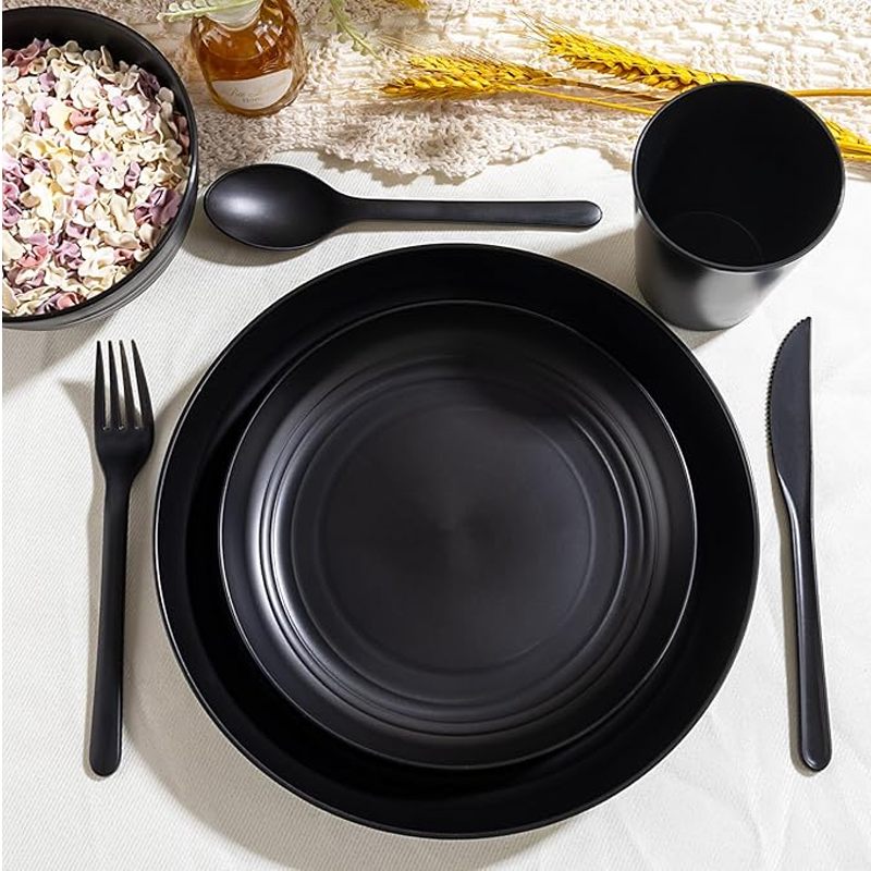 KRKZ 30-Piece Dinnerware Set, Service for 6, Unbreakable Plates, Bowls & Cups, Eco-Friendly, Dishwasher Safe, Black