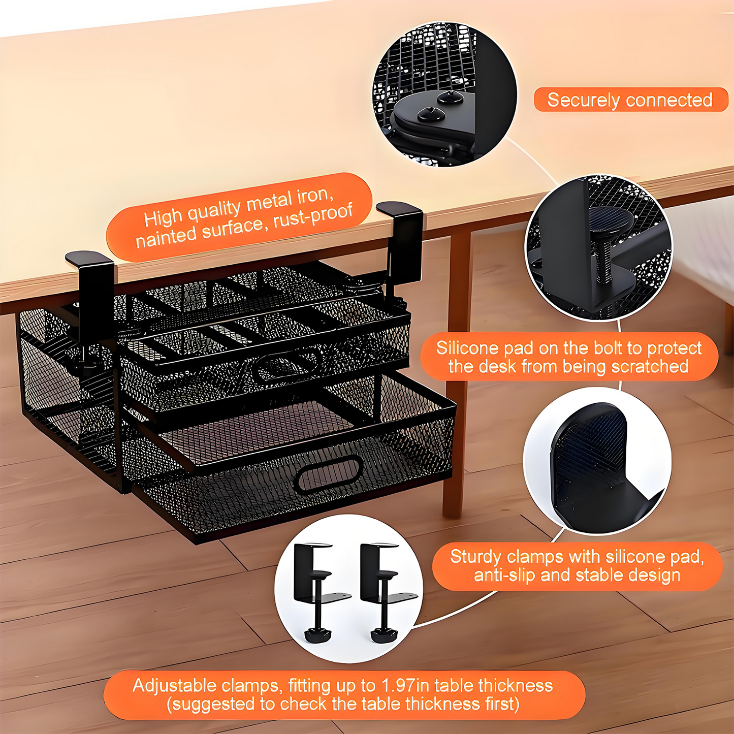 KRKZ Under Desk Drawer Organizer Metal Storage Container Medium Size Easy Installation With Two Slide Out Drawers For Home Office