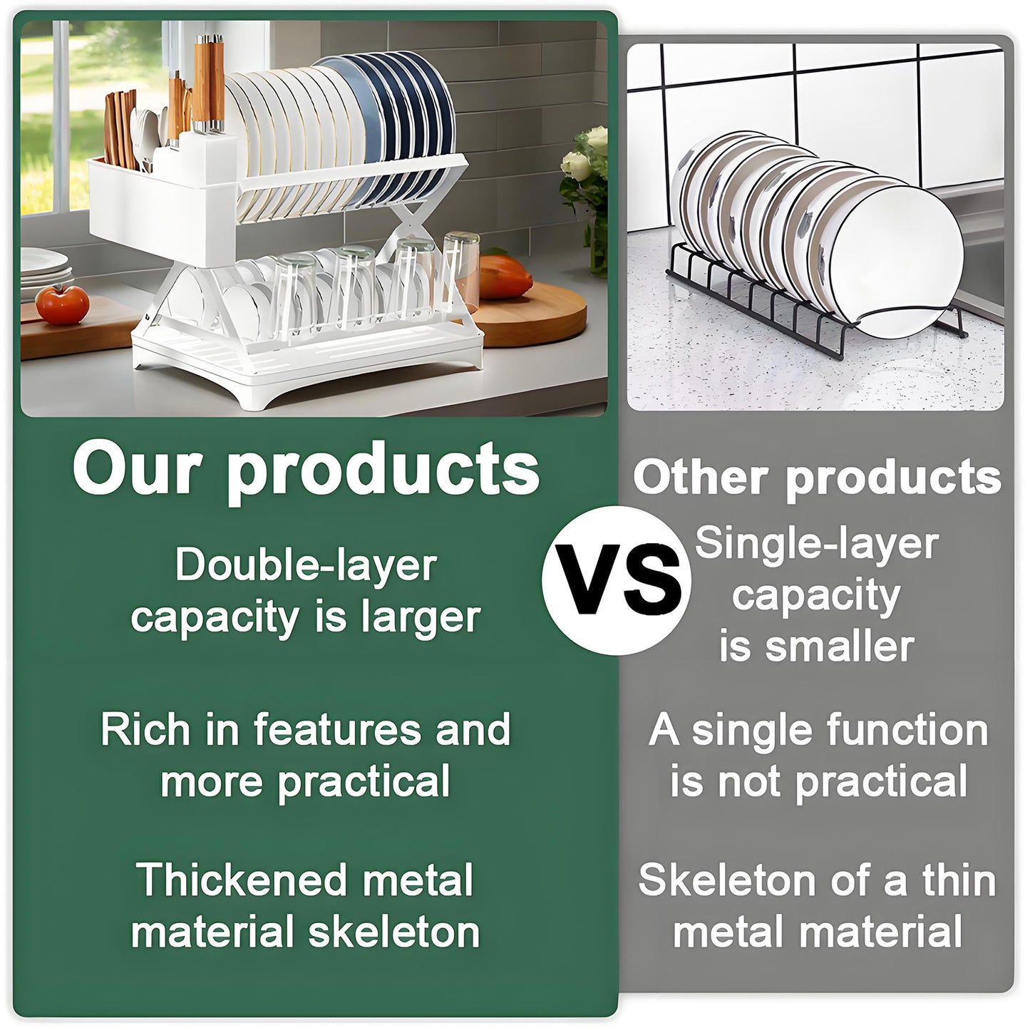 KRKZ Two-Layer Kitchen Countertop Dish Rack, Collapsible and Multi-Functional for Home Use, with Drainage and Storage for Bowls and Plates (White, 16.5" x 11.8" x 12.5")