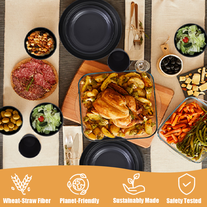 KRKZ 30-Piece Dinnerware Set, Service for 6, Unbreakable Plates, Bowls & Cups, Eco-Friendly, Dishwasher Safe, Black