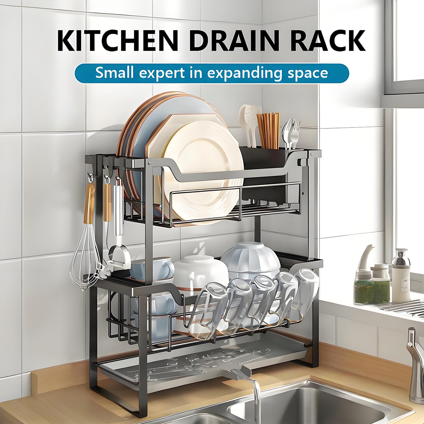 KRKZ 2-Tier Dish Rack - Large Stainless Steel Kitchen Drainer for Dishes, Bowls, Utensils (Spoons/Forks) (Black 16.9x6.7x15.4 in)