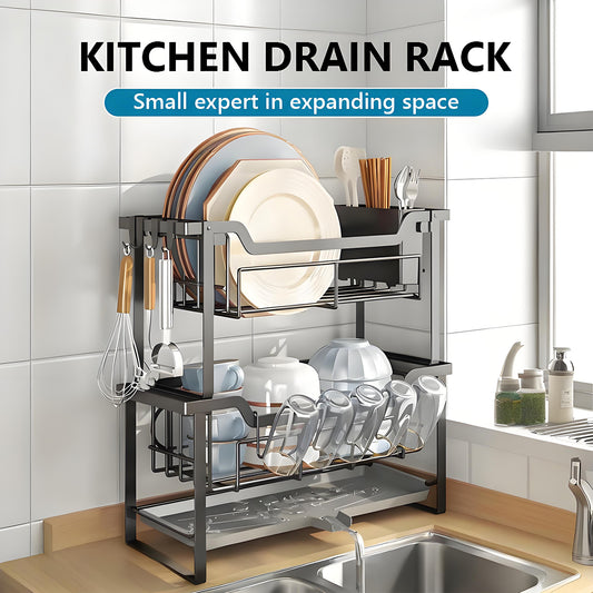 KRKZ 2-Tier Dish Rack - Large Stainless Steel Kitchen Drainer for Dishes, Bowls, Utensils (Spoons/Forks) (Black 16.9x6.7x15.4 in)