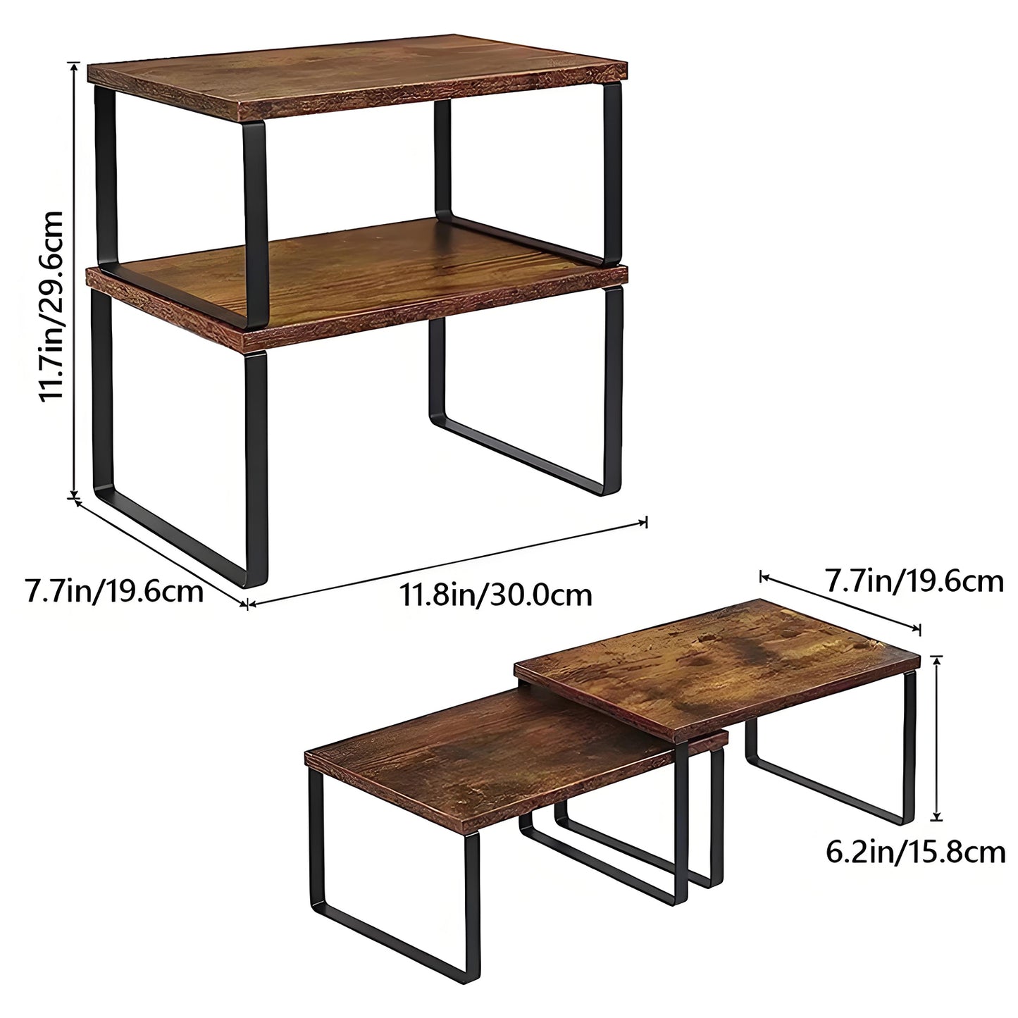 KRKZ Versatile Storage Solutions with Kitchen Counter Shelves in Ink Black and Rustic Brown, Set of 2 Stackable and Expandable Metal Organizers