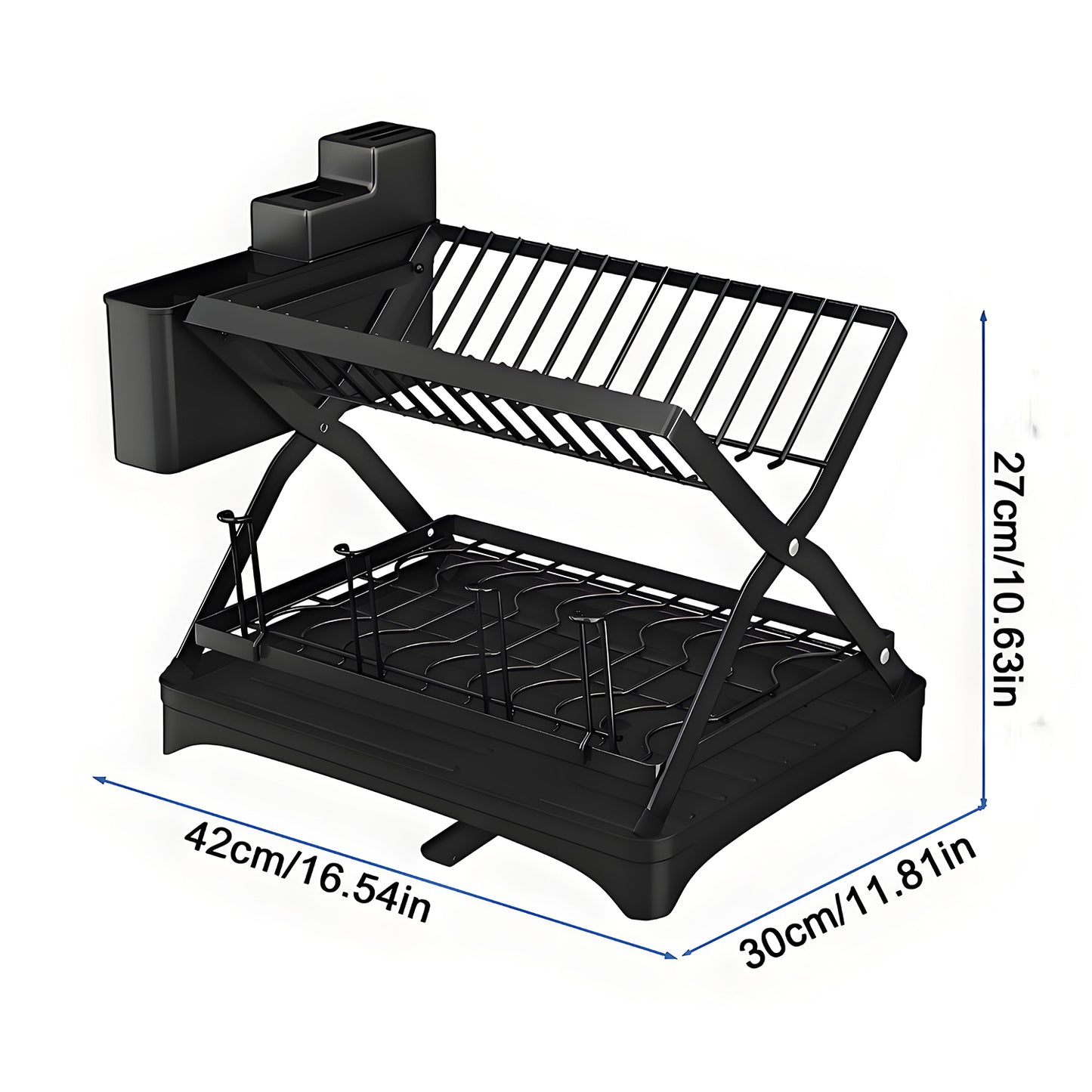 KRKZ 2-Tier X-Shape Dish Rack - Foldable Space-Saving Drainer for Dishes, Cups & Bowls (Black 16.5x11.8x12.2in)