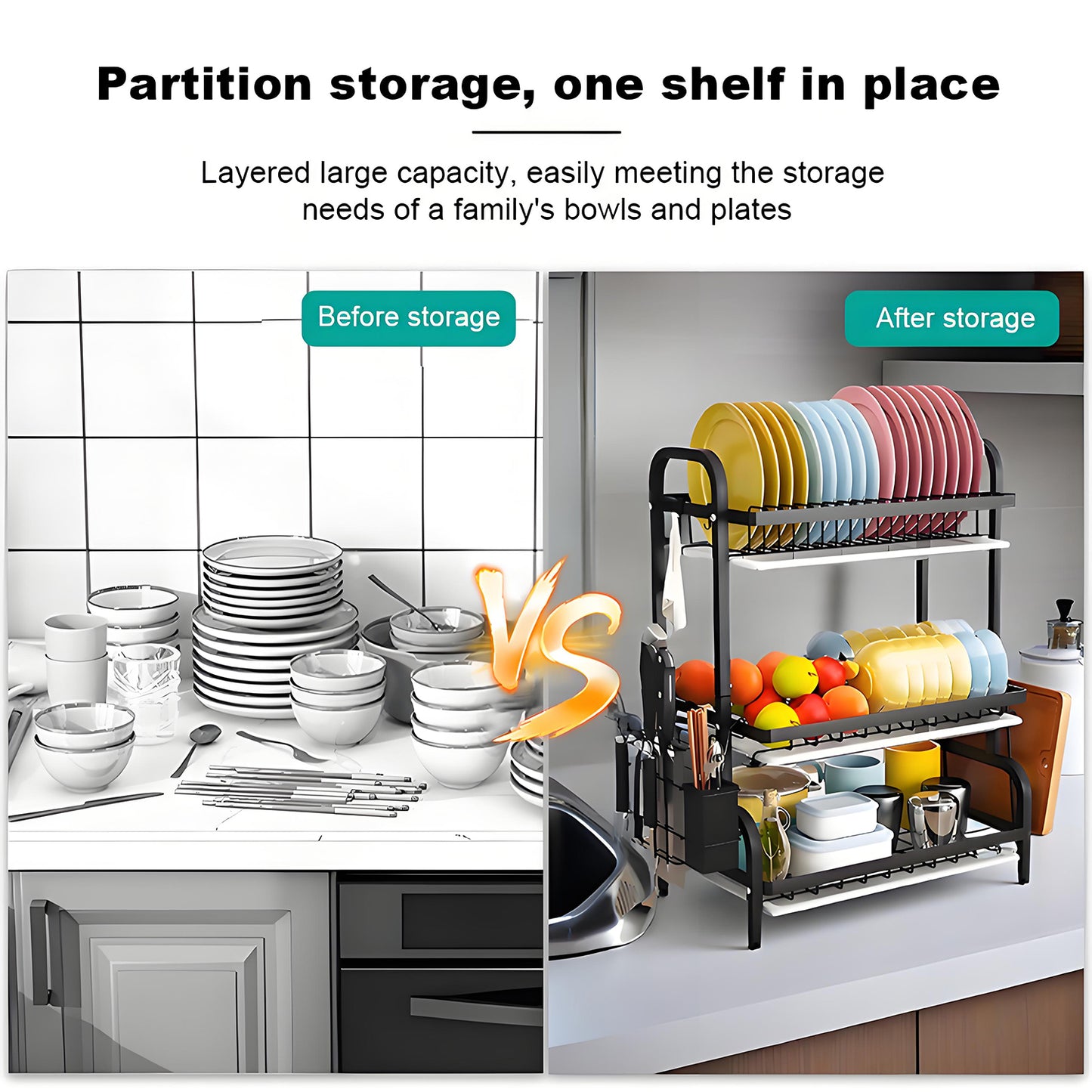 KRKZ 3-Tier Stainless Steel Dish Rack with Utensil Holder & Drain Tray, Space-Saving (Black)