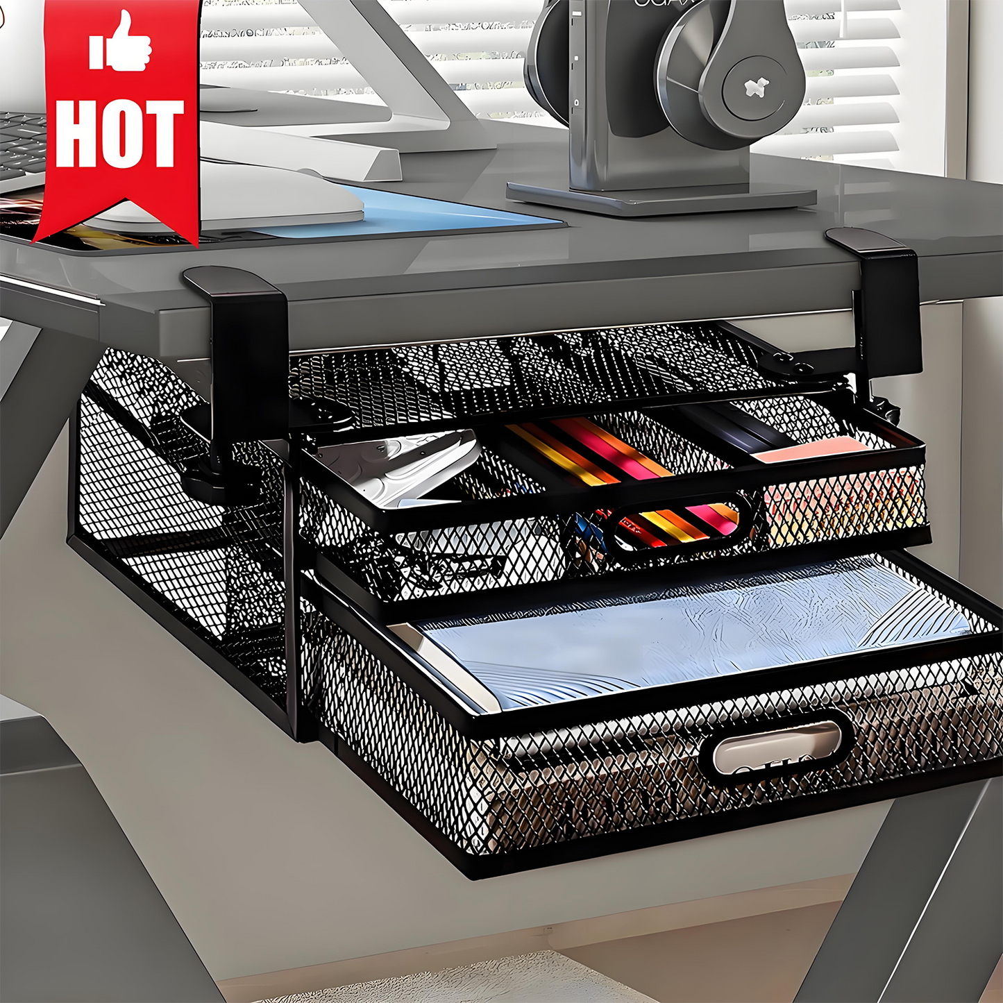 KRKZ Under Desk Drawer Organizer Metal Storage Container Medium Size Easy Installation With Two Slide Out Drawers For Home Office