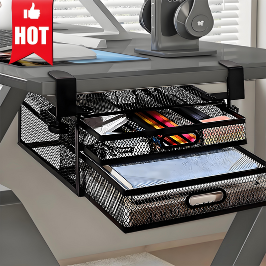 KRKZ Under Desk Drawer Organizer Metal Storage Container Medium Size Easy Installation With Two Slide Out Drawers For Home Office