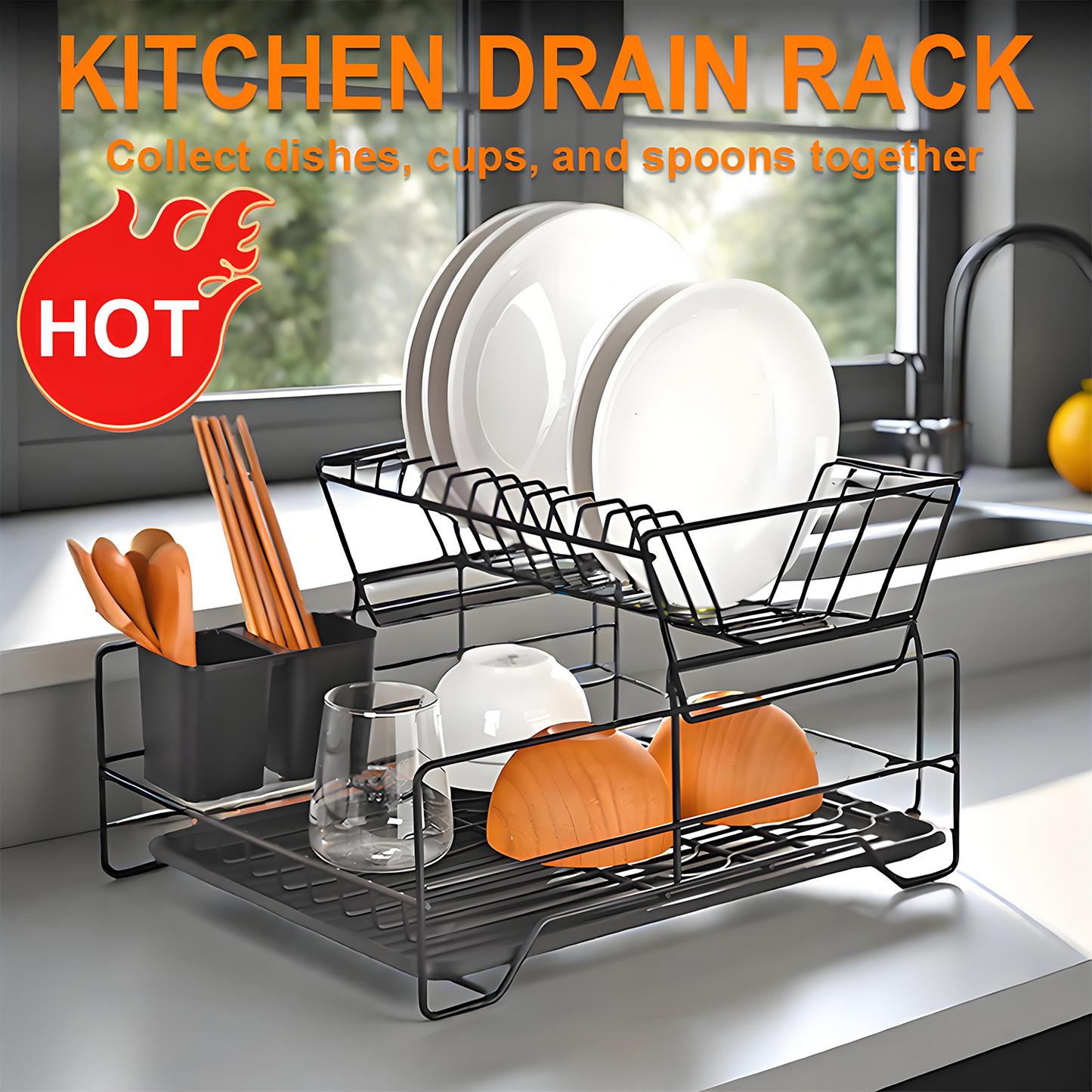 KRKZ Stackable Double Layer Dish Rack, Space-Saving and Durable for Kitchen Use (Black, 16.92 x 12.99 x 10.23 in)