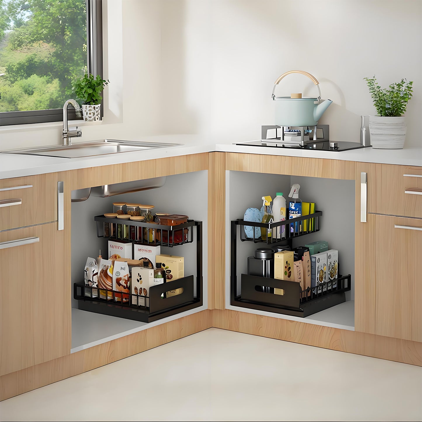 KRKZ 2-Tier Under Sink Organizer - Slide-Out Metal Storage Rack, Black 14.4"x10.6"x10.4"