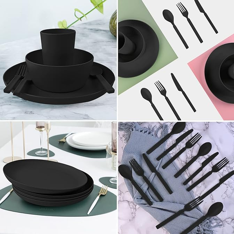KRKZ 30-Piece Dinnerware Set, Service for 6, Unbreakable Plates, Bowls & Cups, Eco-Friendly, Dishwasher Safe, Black