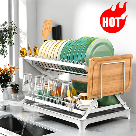 KRKZ Two-Layer Kitchen Countertop Dish Rack, Collapsible and Multi-Functional for Home Use, with Drainage and Storage for Bowls and Plates (White, 16.5" x 11.8" x 12.5")