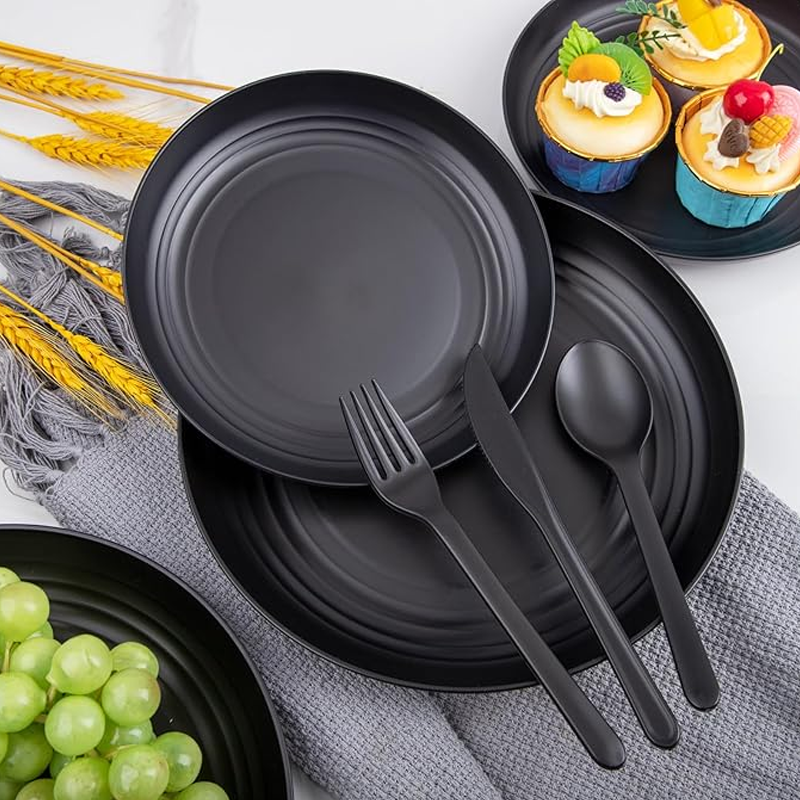 KRKZ 30-Piece Dinnerware Set, Service for 6, Unbreakable Plates, Bowls & Cups, Eco-Friendly, Dishwasher Safe, Black
