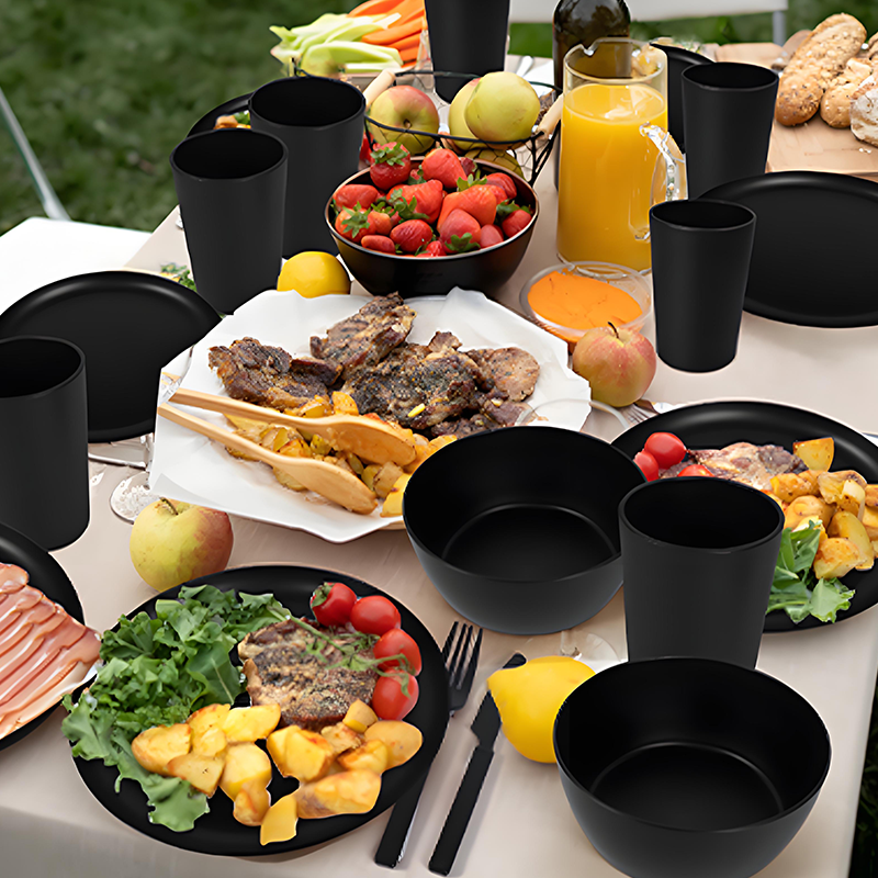 KRKZ 30-Piece Dinnerware Set, Service for 6, Unbreakable Plates, Bowls & Cups, Eco-Friendly, Dishwasher Safe, Black