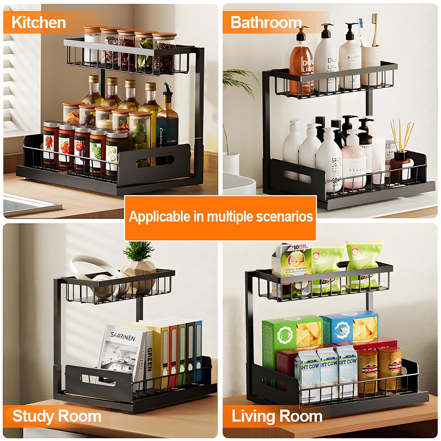 KRKZ 2-Tier Under Sink Organizer - Slide-Out Metal Storage Rack, Black 14.4"x10.6"x10.4"