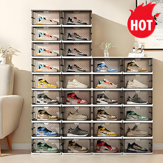 KRKZ 9-Tier Foldable Shoe Organizer - Clear Stackable Storage Boxes w/Dustproof Covers, Space-Saving for Closet/Bedroom/Dorm (Black 12.2"x10.2"x15.8")