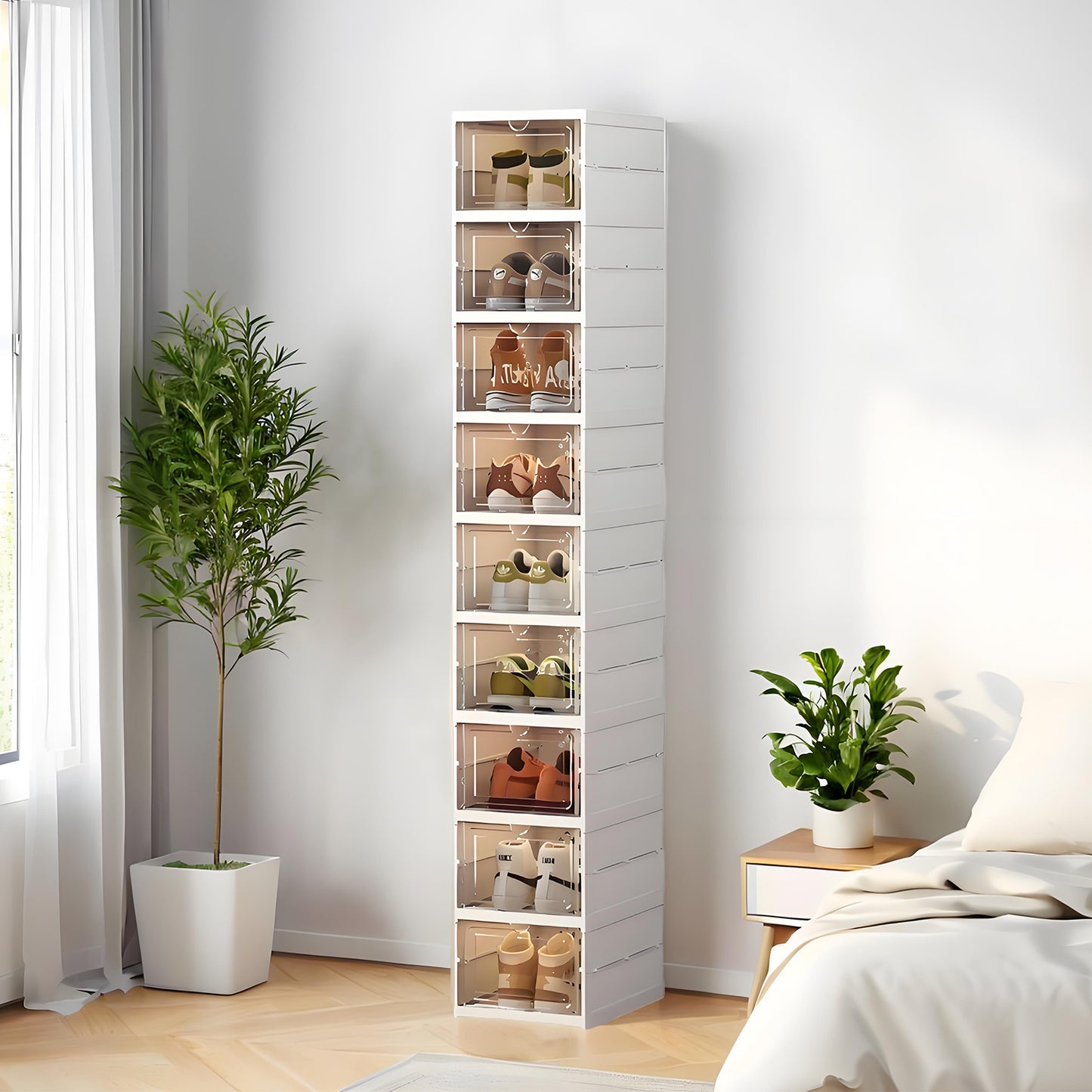 KRKZ Classics 9-Pack Plastic Shoe Storage Boxes – Clear Stackable Organizers for Sneakers, Foldable & Dust-Proof Design, Fits High-Top Shoes, White