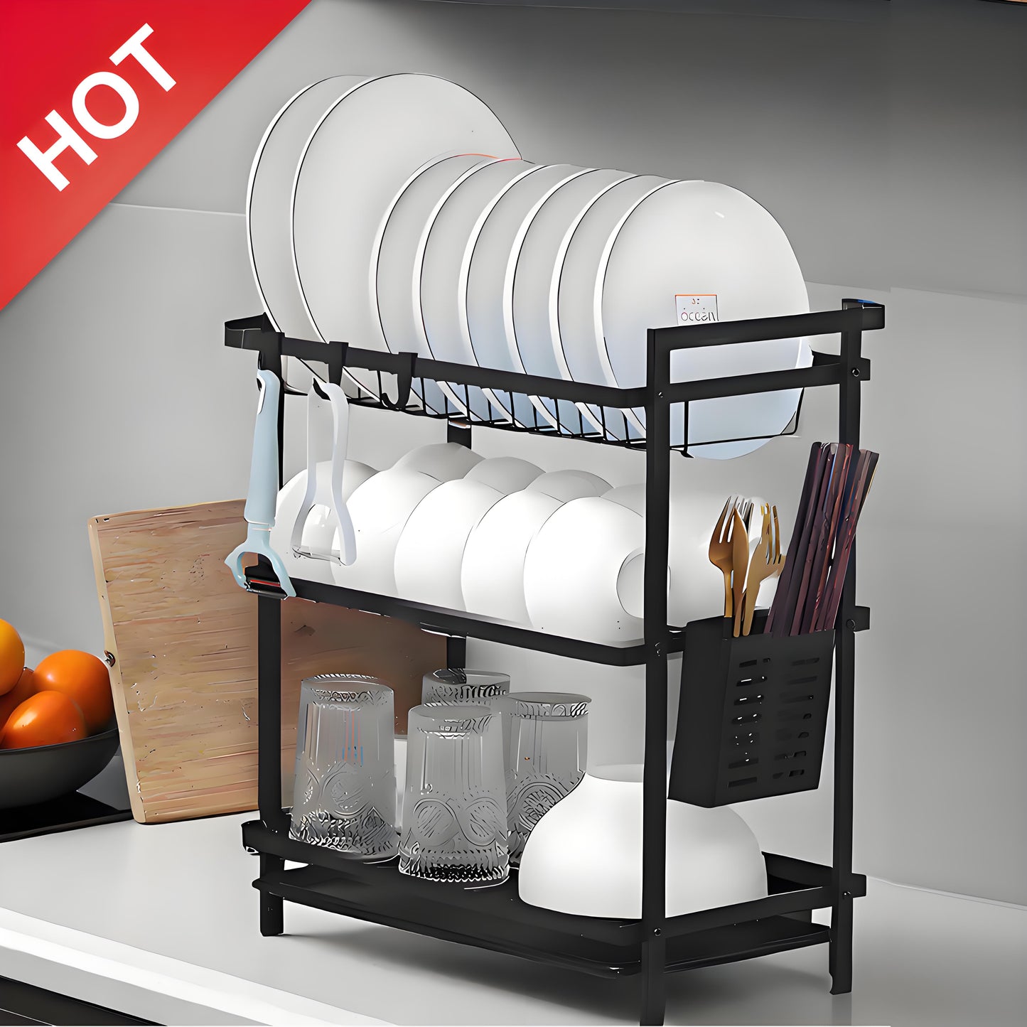 KRKZ Three-layer Kitchen Bowl, Plate, and Chopstick Organizer with Drainage Tray (Black, 21.06 x 9.84 x 19.88in)