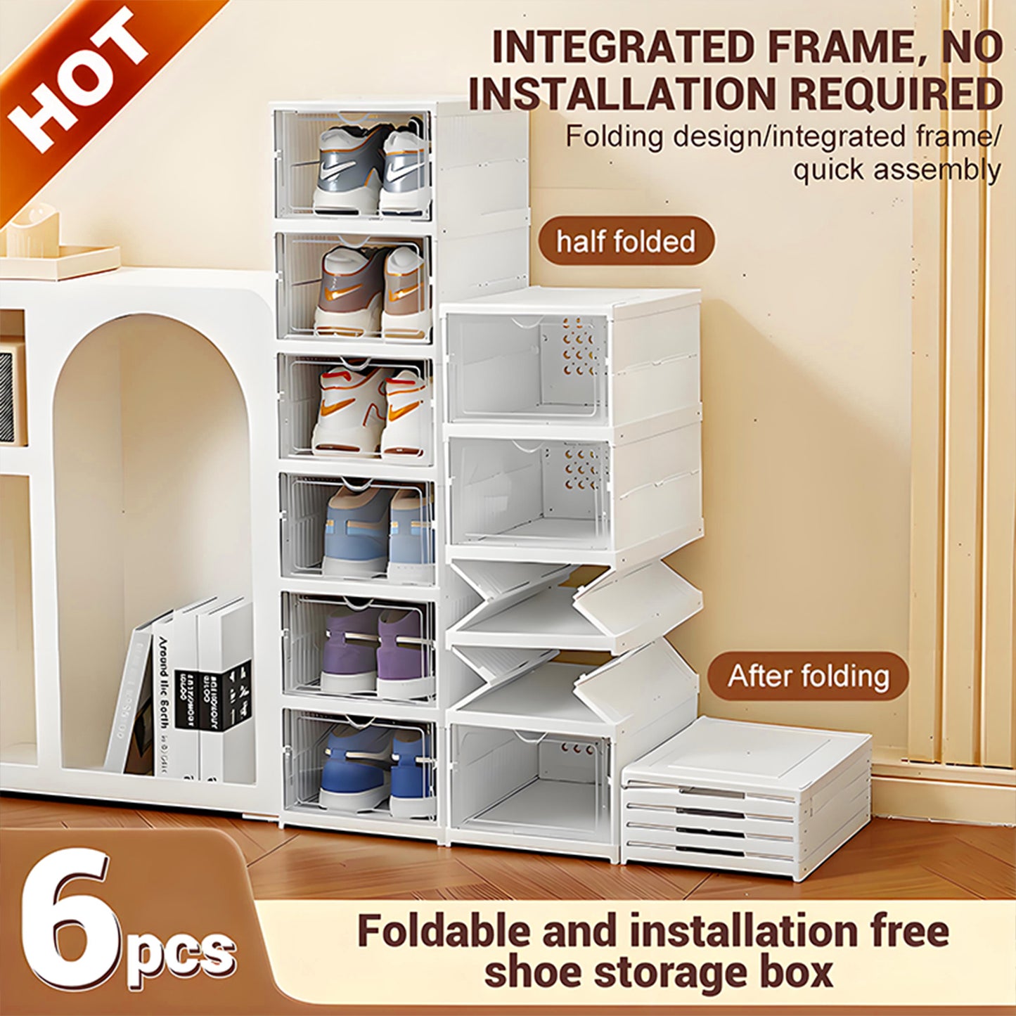 KRKZ 6-Tier Foldable Shoe Organizer - Semi-Transparent Stackable Storage with Doors, Space-Saving for Men's Sneakers (White 15.8"x7.3"x12.2")