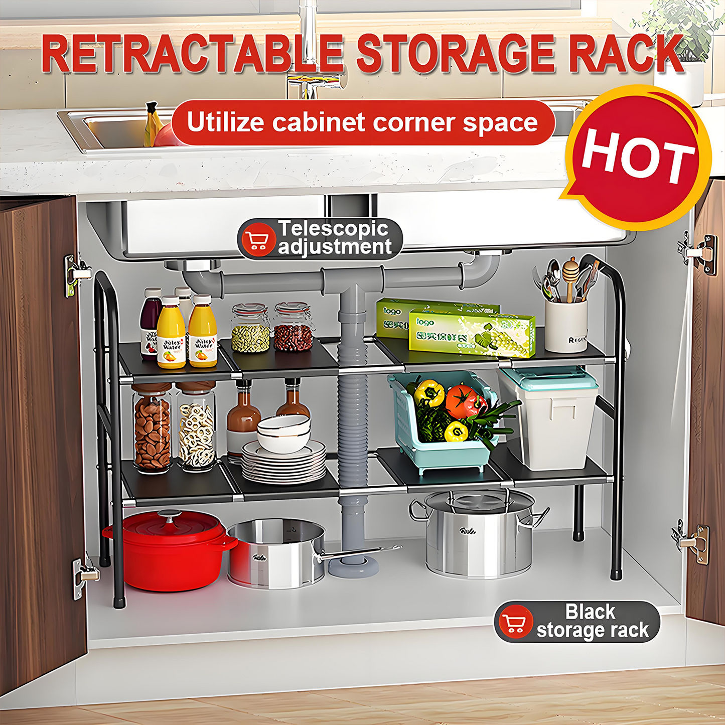 KRKZ Expandable Under-Sink Organizer - 2-Tier Adjustable Storage, Black 26.4"x9.8"x16.5"