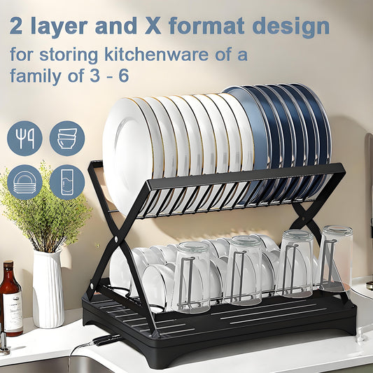KRKZ 2-Tier X-Shape Dish Rack - Foldable Space-Saving Drainer for Dishes, Cups & Bowls (Black 16.5x11.8x12.2in)