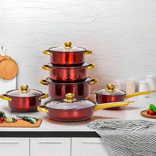 KRKZ Red Cookware Set, 12-Piece ,Stainless Steel, Non-Stick, Kitchen Cookware Collection,Complete Kitchen Solution