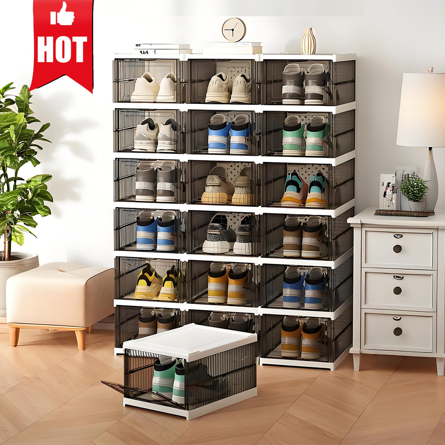 KRKZ 6-Tier Clear Shoe Box Organizer - Foldable Stackable Storage with Lids, Space-Saving for Sneakers in Bedroom/Dorm (Black 15.8"x7.3"x12.2")