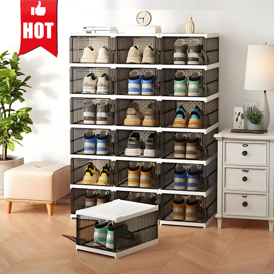 KRKZ 6-Tier Clear Shoe Box Organizer - Foldable Stackable Storage with Lids, Space-Saving for Sneakers in Bedroom/Dorm (Black 15.8"x7.3"x12.2")