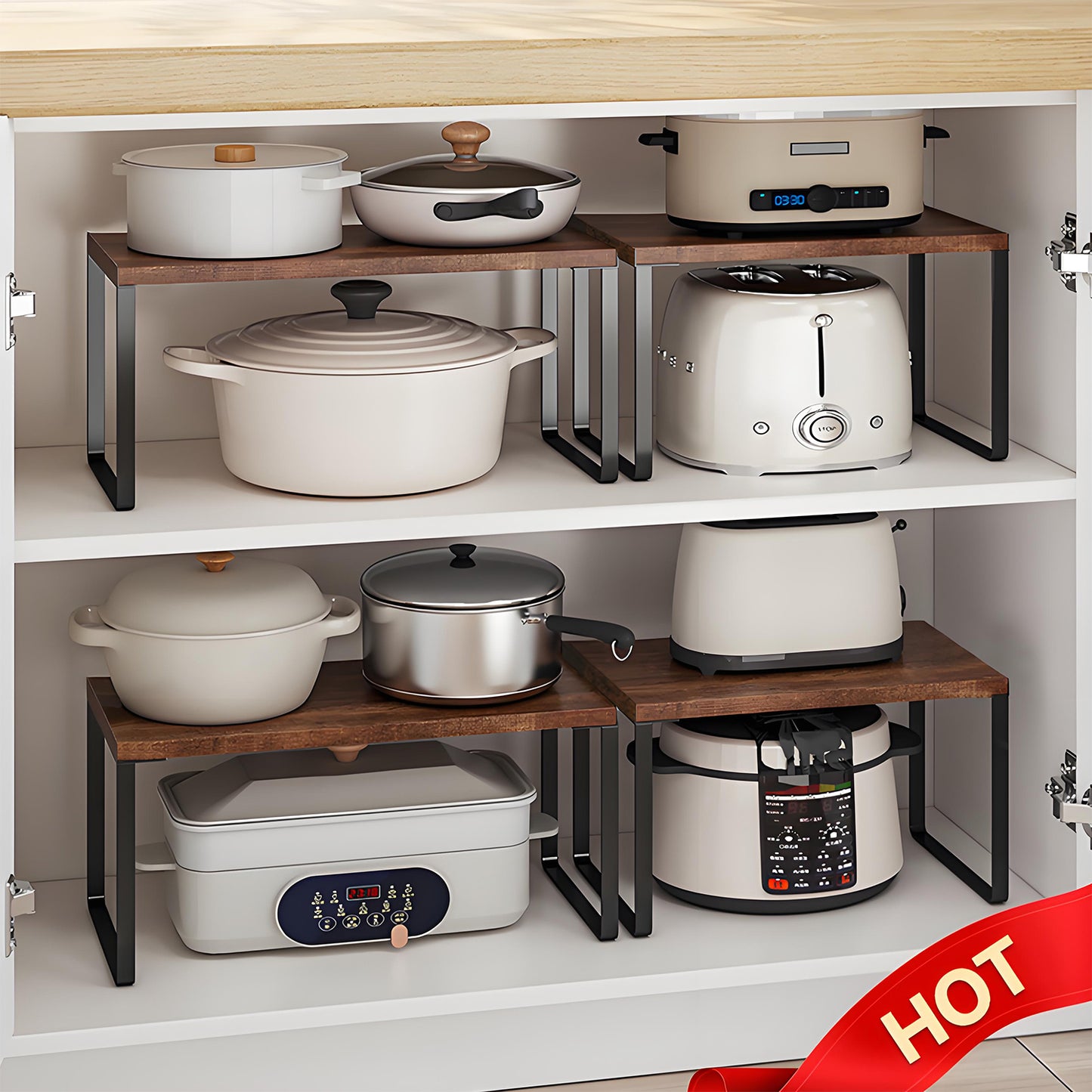 KRKZ Versatile Storage Solutions with Kitchen Counter Shelves in Ink Black and Rustic Brown, Set of 2 Stackable and Expandable Metal Organizers