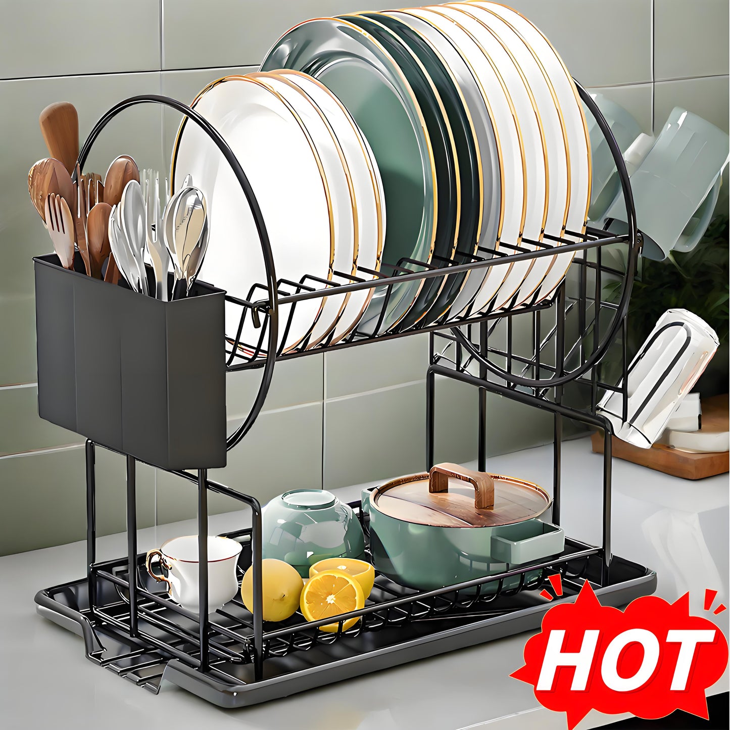 KRKZ 2-Tier Carbon Steel Dish Rack - Heavy-duty organizer with utensil/chopstick holders, fits plates/bowls/cups, rust-resistant (Black 15.2"x9.3"x14.6")