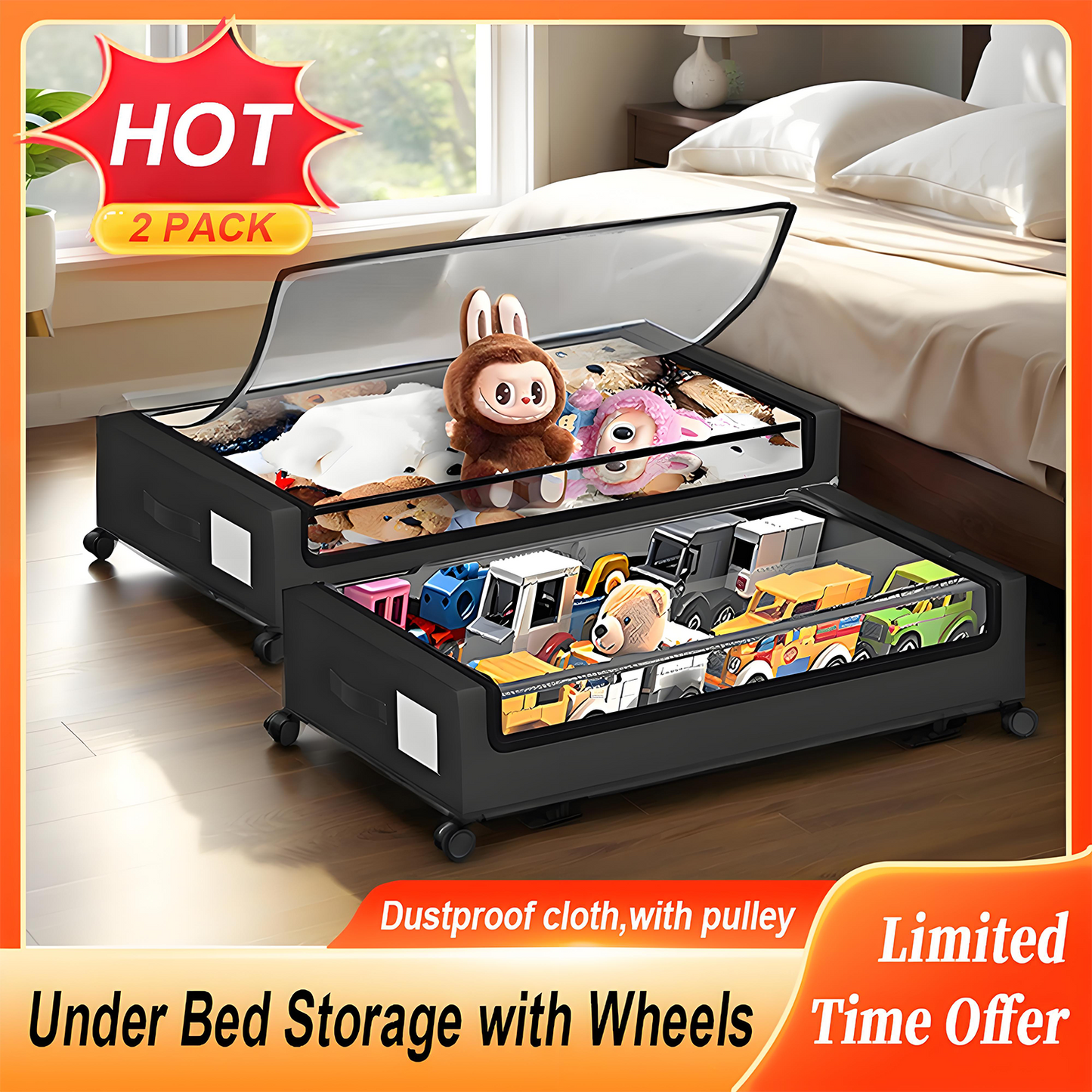 KRKZ 2-Pack Underbed Storage Bins with Wheels & Clear Lids, Space-Saving Organizers 30.7x16.9x5.7In