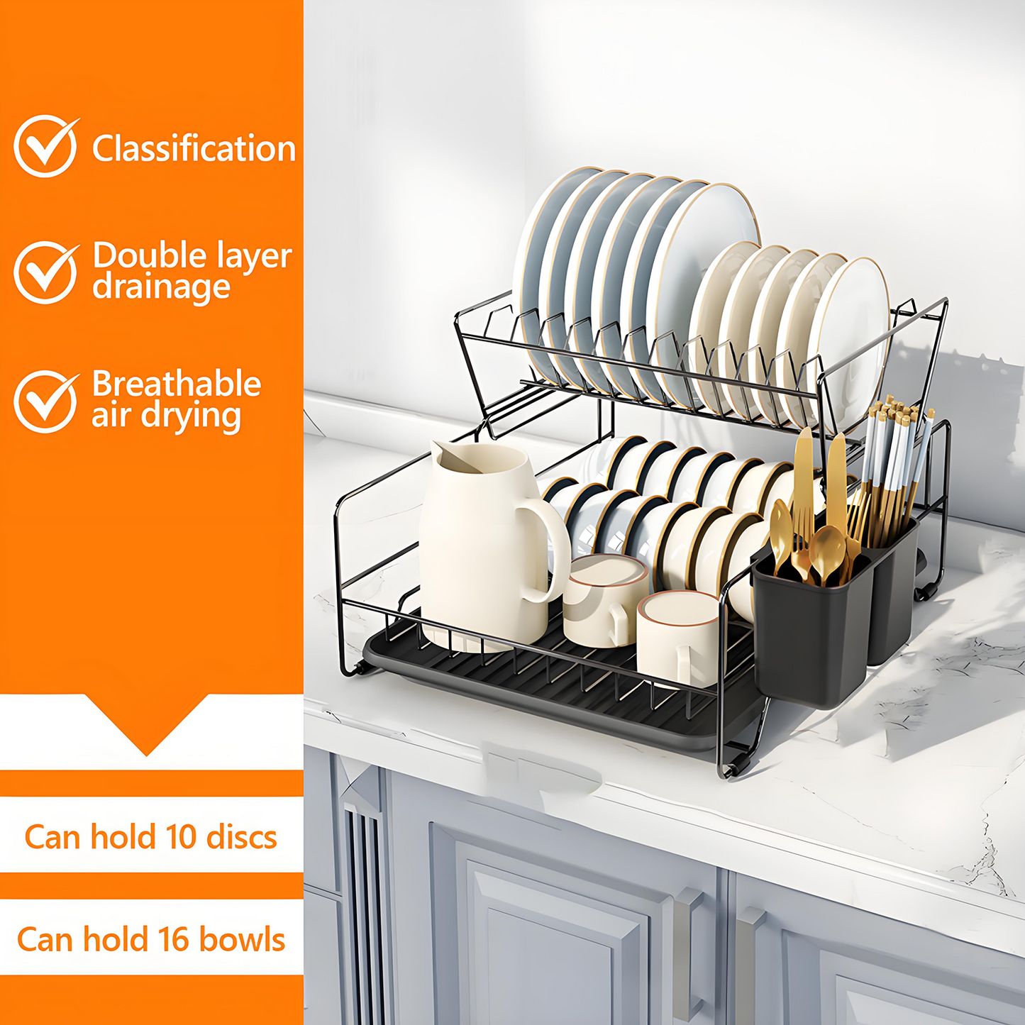 KRKZ Stackable Double Layer Dish Rack, Space-Saving and Durable for Kitchen Use (Black, 16.92 x 12.99 x 10.23 in)