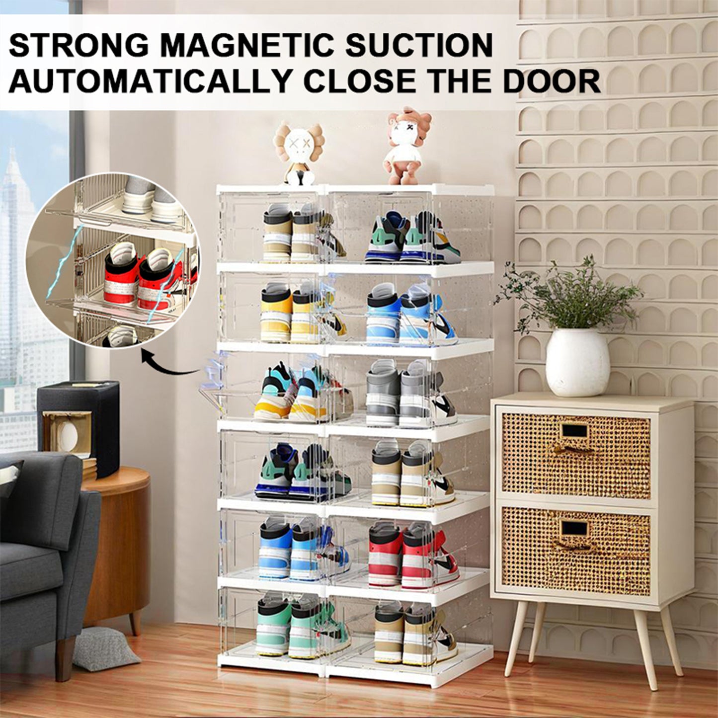 KRKZ 6-Tier Foldable Shoe Box Organizer - Clear Stackable Storage Box, Space-Saving for Closet/Bedroom/Dorm, Heavy Duty & Dustproof 15"x11"x7.5"