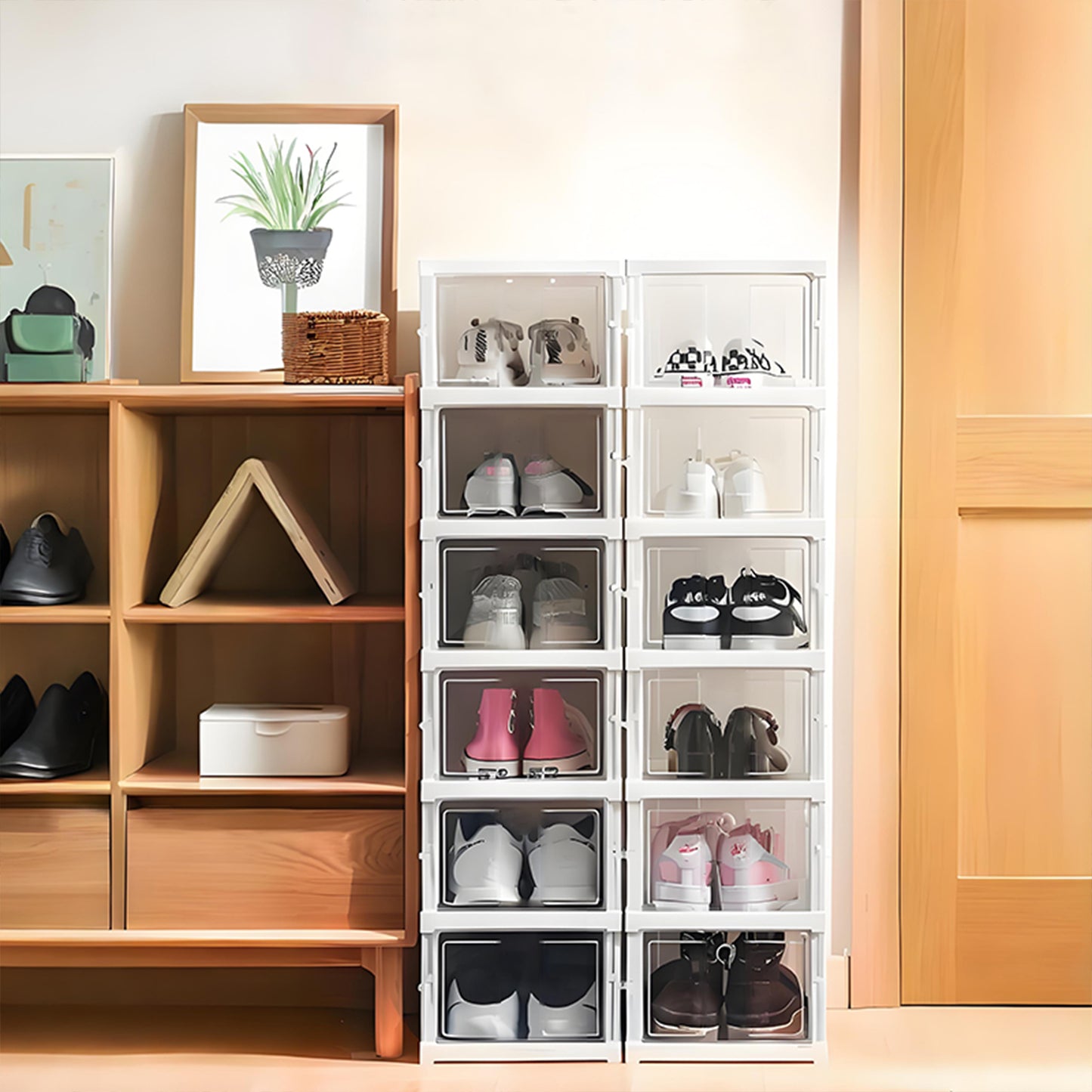 KRKZ 6-Tier Foldable Shoe Organizer - Semi-Transparent Stackable Storage with Doors, Space-Saving for Men's Sneakers (White 15.8"x7.3"x12.2")