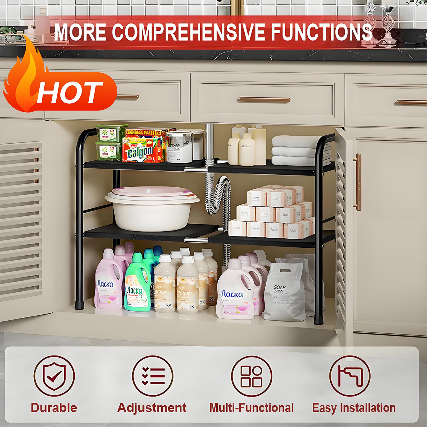 KRKZ Expandable Under-Sink Organizer - 2-Tier Adjustable Storage, Black 26.4"x9.8"x16.5"