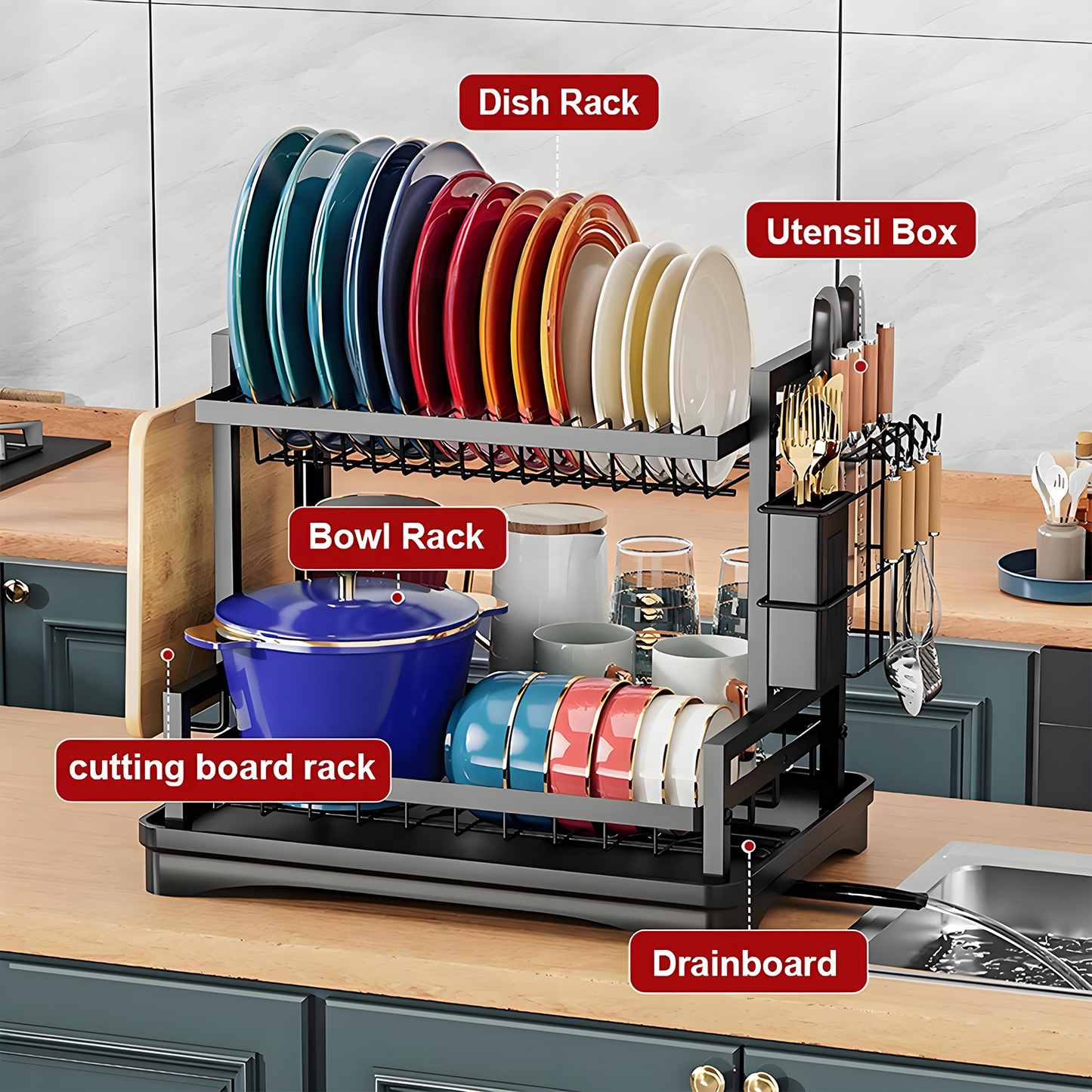 KRKZ 2-Tier Dish Rack - Carbon Steel Kitchen Organizer w/Knife & Cup Holders, Space-Saving for Dishes/Utensils (Black 16.3"x11.8"x13")