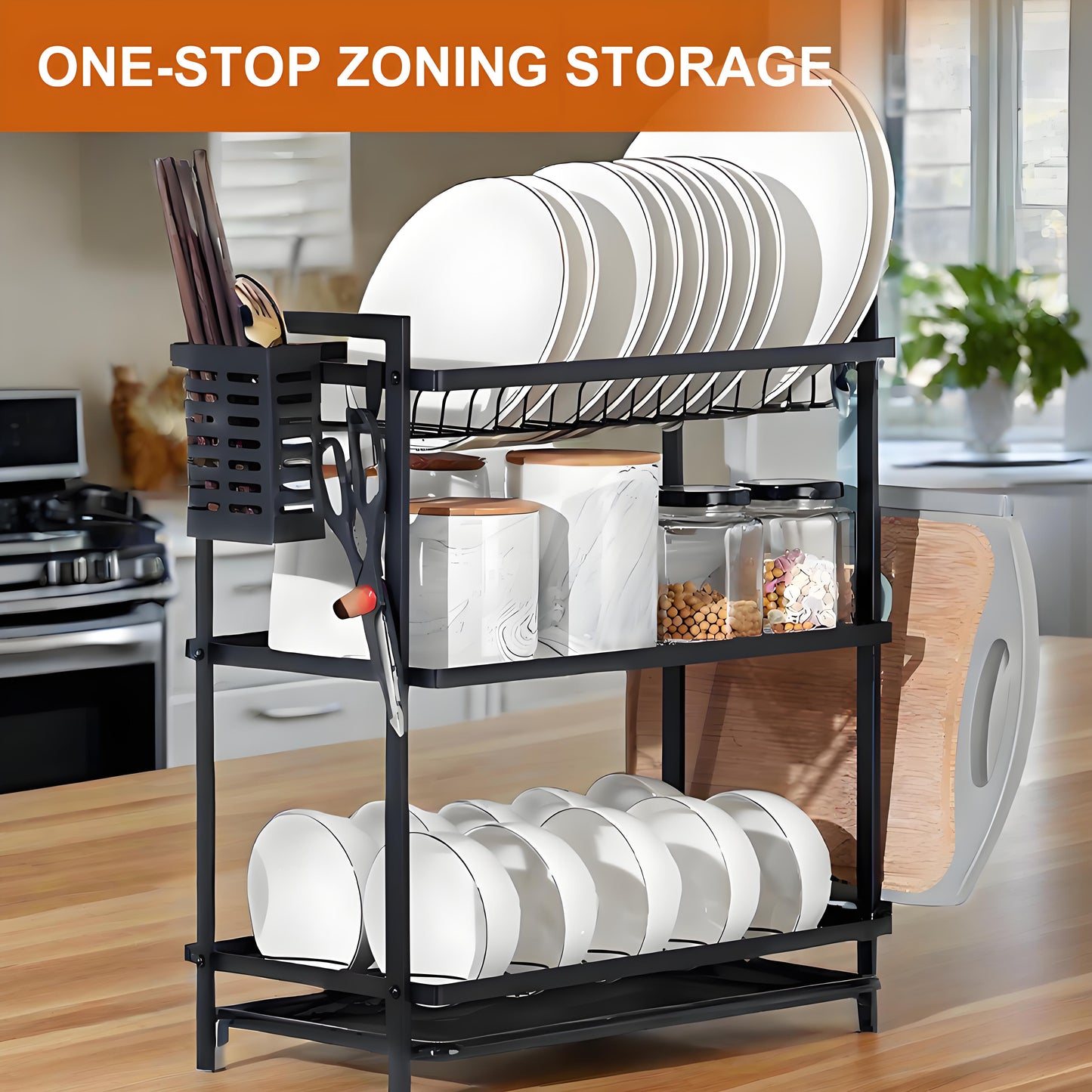 KRKZ Three-layer Kitchen Bowl, Plate, and Chopstick Organizer with Drainage Tray (Black, 21.06 x 9.84 x 19.88in)