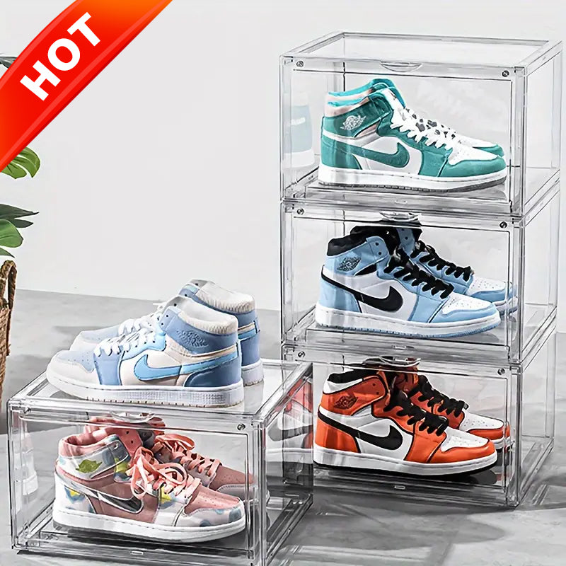 KRKZ 4-Pcs Clear Shoe Boxes - Stackable Front-Open Plastic Storage for Sneakers/Boots, Space-Saving Foldable Display Organizer (15.4"x13.4"x4.7")