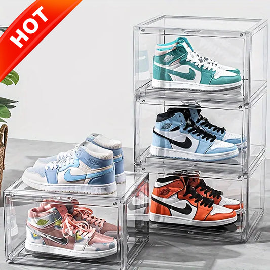 KRKZ 4-Pcs Clear Shoe Boxes - Stackable Front-Open Plastic Storage for Sneakers/Boots, Space-Saving Foldable Display Organizer (15.4"x13.4"x4.7")