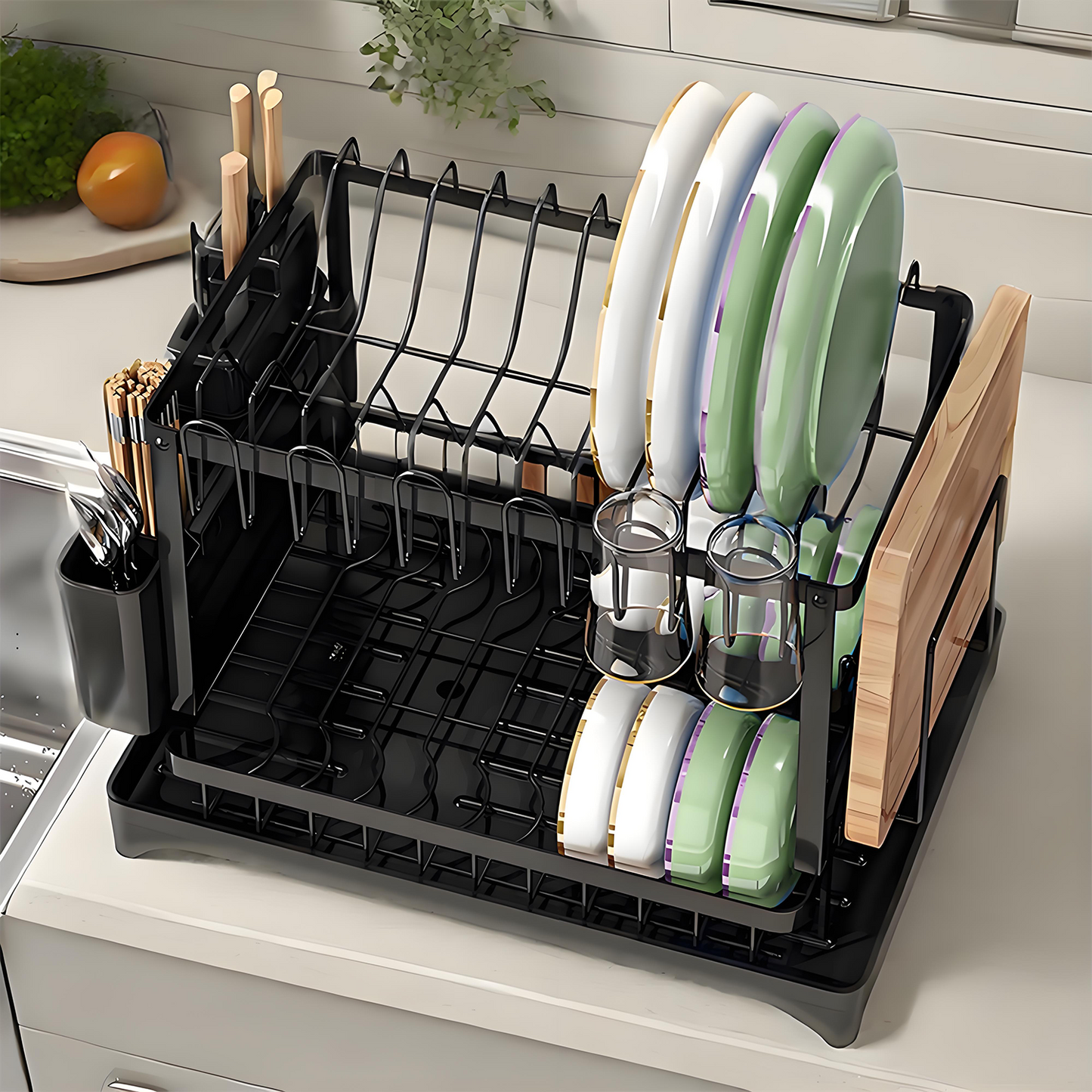 KRKZ Double-layer Bowl and Plate Organizer with Drainage Rack and Drainage Tube (Black 16.54*11.42*11.42in)